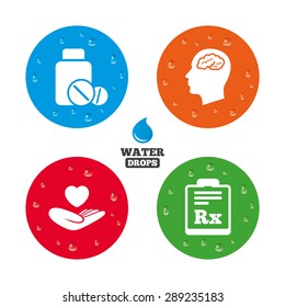Water drops on button. Medicine icons. Medical tablets bottle, head with brain, prescription Rx signs. Pharmacy or medicine symbol. Hand holds heart. Realistic pure raindrops on circles. Vector