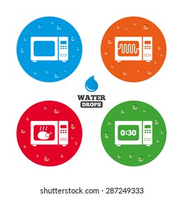 Water drops on button. Microwave oven icons. Cook in electric stove symbols. Grill chicken with timer signs. Realistic pure raindrops on circles. Vector