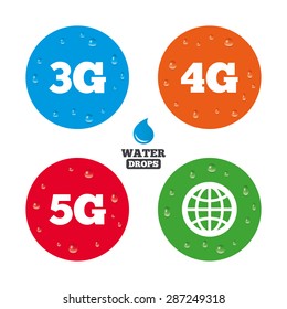 Water drops on button. Mobile telecommunications icons. 3G, 4G and 5G technology symbols. World globe sign. Realistic pure raindrops on circles. Vector