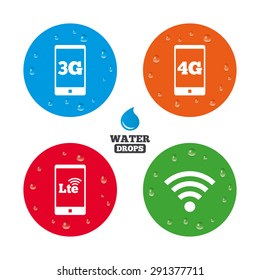 Water drops on button. Mobile telecommunications icons. 3G, 4G and LTE technology symbols. Wi-fi Wireless and Long-Term evolution signs. Realistic pure raindrops on circles. Vector