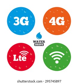 Water drops on button. Mobile telecommunications icons. 3G, 4G and LTE technology symbols. Wi-fi Wireless and Long-Term evolution signs. Realistic pure raindrops on circles. Vector