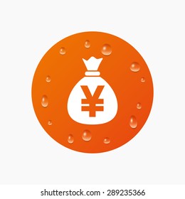 Water drops on button. Money bag sign icon. Yen JPY currency symbol. Realistic pure raindrops. Orange circle. Vector