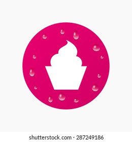 Water drops on button. Muffin sign icon. Cupcake symbol. Realistic pure raindrops. Pink circle. Vector