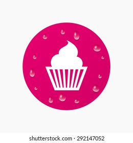 Water drops on button. Muffin sign icon. Cupcake symbol. Realistic pure raindrops. Pink circle. Vector
