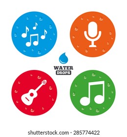 Water drops on button. Music icons. Microphone karaoke symbol. Music notes and acoustic guitar signs. Realistic pure raindrops on circles. Vector