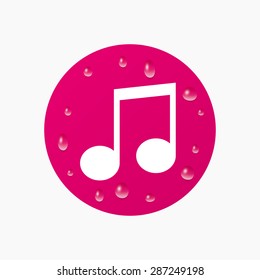 Water drops on button. Music note sign icon. Musical symbol. Realistic pure raindrops. Pink circle. Vector