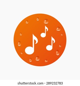 Water drops on button. Music notes sign icon. Musical symbol. Realistic pure raindrops. Orange circle. Vector