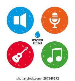 Water drops on button. Musical elements icons. Microphone and Sound speaker symbols. Music note and acoustic guitar signs. Realistic pure raindrops on circles. Vector