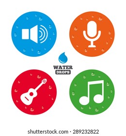 Water drops on button. Musical elements icons. Microphone and Sound speaker symbols. Music note and acoustic guitar signs. Realistic pure raindrops on circles. Vector
