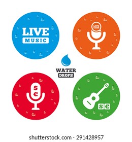 Water drops on button. Musical elements icons. Microphone and Live music symbols. Paid music and acoustic guitar signs. Realistic pure raindrops on circles. Vector