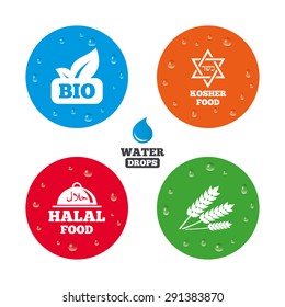 Water drops on button. Natural Bio food icons. Halal and Kosher signs. Gluten free and star of David symbols. Realistic pure raindrops on circles. Vector