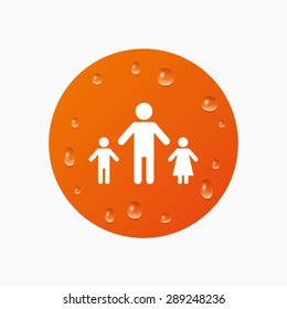 Water drops on button. One-parent family with two children sign icon. Father with son and daughter symbol. Realistic pure raindrops. Orange circle. Vector