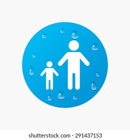 Water drops on button. One-parent family with one child sign icon. Father with son symbol. Realistic pure raindrops. Blue circle. Vector