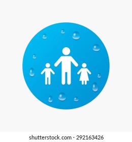 Water drops on button. One-parent family with two children sign icon. Father with son and daughter symbol. Realistic pure raindrops. Blue circle. Vector