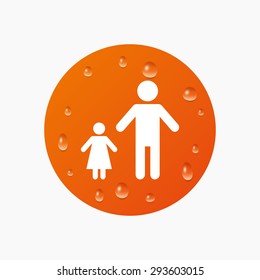 Water drops on button. One-parent family with one child sign icon. Father with daughter symbol. Realistic pure raindrops. Orange circle. Vector