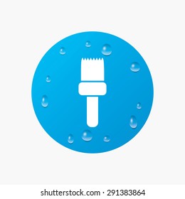 Water drops on button. Paint brush sign icon. Artist symbol. Realistic pure raindrops. Blue circle. Vector