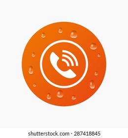 Water drops on button. Phone sign icon. Call support center symbol. Communication technology. Realistic pure raindrops. Orange circle. Vector