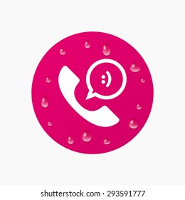 Water drops on button. Phone sign icon. Support symbol. Call center. Speech bubble with smile. Realistic pure raindrops. Pink circle. Vector