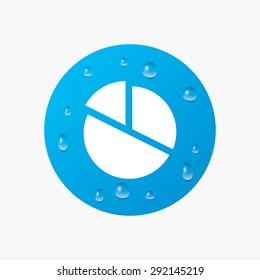 Water drops on button. Pie chart graph sign icon. Diagram button. Realistic pure raindrops. Blue circle. Vector