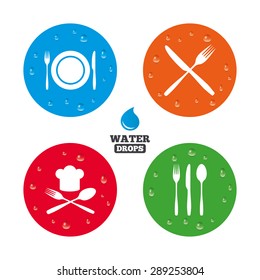 Water drops on button. Plate dish with forks and knifes icons. Chief hat sign. Crosswise cutlery symbol. Dining etiquette. Realistic pure raindrops on circles. Vector