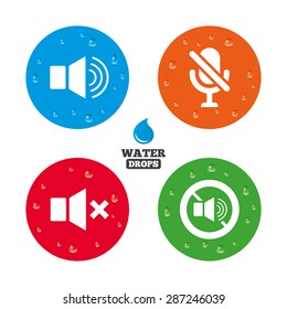 Water drops on button. Player control icons. Sound, microphone and mute speaker signs. No sound symbol. Realistic pure raindrops on circles. Vector