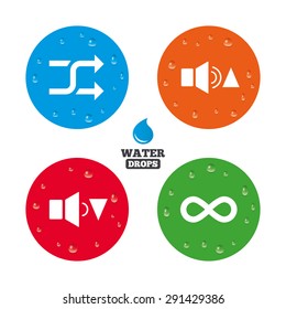 Water drops on button. Player control icons. Sound louder and quieter signs. Dynamic symbol. Shuffle random and repeat loop. Realistic pure raindrops on circles. Vector