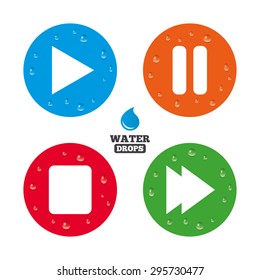 Water drops on button. Player navigation icons. Play, stop and pause signs. Next song symbol. Realistic pure raindrops on circles. Vector