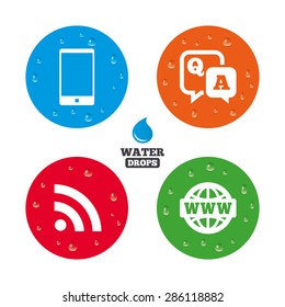 Water drops on button. Question answer icon.  Smartphone and Q&A chat speech bubble symbols. RSS feed and internet globe signs. Communication Realistic pure raindrops on circles. Vector