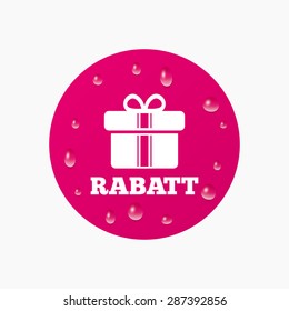 Water drops on button. Rabatt - Discounts in German sign icon. Gift box with ribbons symbol. Realistic pure raindrops. Pink circle. Vector