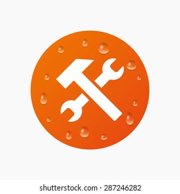 Water drops on button. Repair tool sign icon. Service symbol. Hammer with wrench. Realistic pure raindrops. Orange circle. Vector
