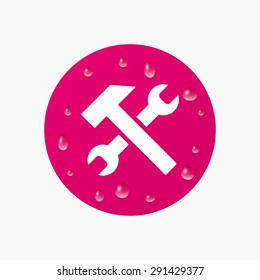 Water drops on button. Repair tool sign icon. Service symbol. Hammer with wrench. Realistic pure raindrops. Pink circle. Vector