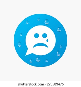 Water drops on button. Sad face with tear sign icon. Crying chat symbol. Speech bubble. Realistic pure raindrops. Blue circle. Vector