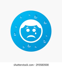 Water drops on button. Sad face with tear sign icon. Crying chat symbol. Realistic pure raindrops. Blue circle. Vector