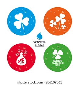 Water drops on button. Saint Patrick day icons. Money bag with clover and coins sign. Trefoil shamrock clover. Symbol of good luck. Realistic pure raindrops on circles. Vector