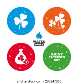 Water drops on button. Saint Patrick day icons. Money bag with clover and coin sign. Trefoil shamrock clover. Symbol of good luck. Realistic pure raindrops on circles. Vector
