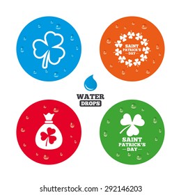 Water drops on button. Saint Patrick day icons. Money bag with clover sign. Wreath of trefoil shamrock clovers. Symbol of good luck. Realistic pure raindrops on circles. Vector