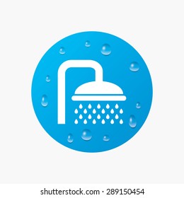Water drops on button. Shower sign icon. Douche with water drops symbol. Realistic pure raindrops. Blue circle. Vector
