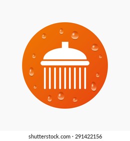 Water drops on button. Shower sign icon. Douche with water drops symbol. Realistic pure raindrops. Orange circle. Vector
