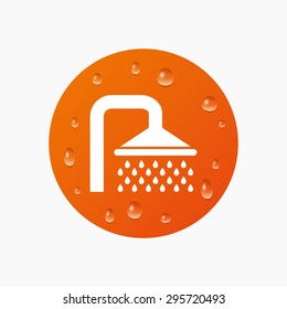 Water drops on button. Shower sign icon. Douche with water drops symbol. Realistic pure raindrops. Orange circle. Vector