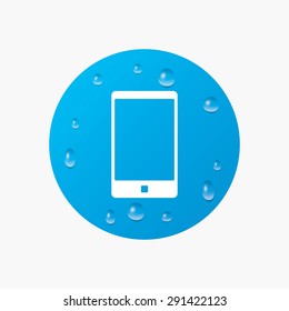 Water drops on button. Smartphone sign icon. Support symbol. Call center. Realistic pure raindrops. Blue circle. Vector