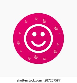 Water drops on button. Smile icon. Happy face chat symbol. Realistic pure raindrops. Pink circle. Vector