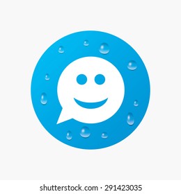 Water drops on button. Smile face sign icon. Happy smiley chat symbol. Speech bubble. Realistic pure raindrops. Blue circle. Vector