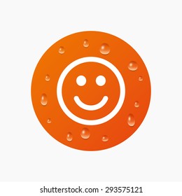 Water drops on button. Smile icon. Happy face chat symbol. Realistic pure raindrops. Orange circle. Vector