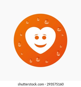 Water drops on button. Smile heart face sign icon. Happy smiley with hairstyle chat symbol. Realistic pure raindrops. Orange circle. Vector