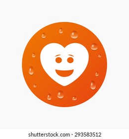 Water drops on button. Smile heart face sign icon. Happy smiley with hairstyle chat symbol. Realistic pure raindrops. Orange circle. Vector