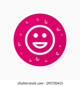 Water drops on button. Smile icon. Happy face chat symbol. Realistic pure raindrops. Pink circle. Vector