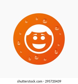 Water drops on button. Smile face sign icon. Happy smiley with hairstyle chat symbol. Realistic pure raindrops. Orange circle. Vector