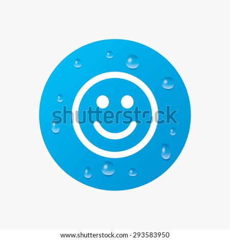 Water drops on button. Smile icon. Happy face chat symbol. Realistic pure raindrops. Blue circle. Vector
