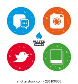 Water drops on button. Social media icons. Chat speech bubble symbol. Hipster photo camera sign. Empty photo frames. Realistic pure raindrops on circles. Vector