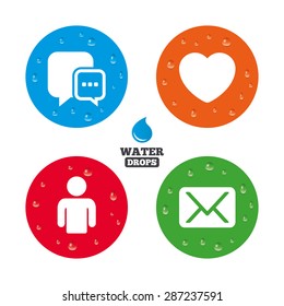 Water drops on button. Social media icons. Chat speech bubble and Mail messages symbols. Love heart sign. Human person profile. Realistic pure raindrops on circles. Vector